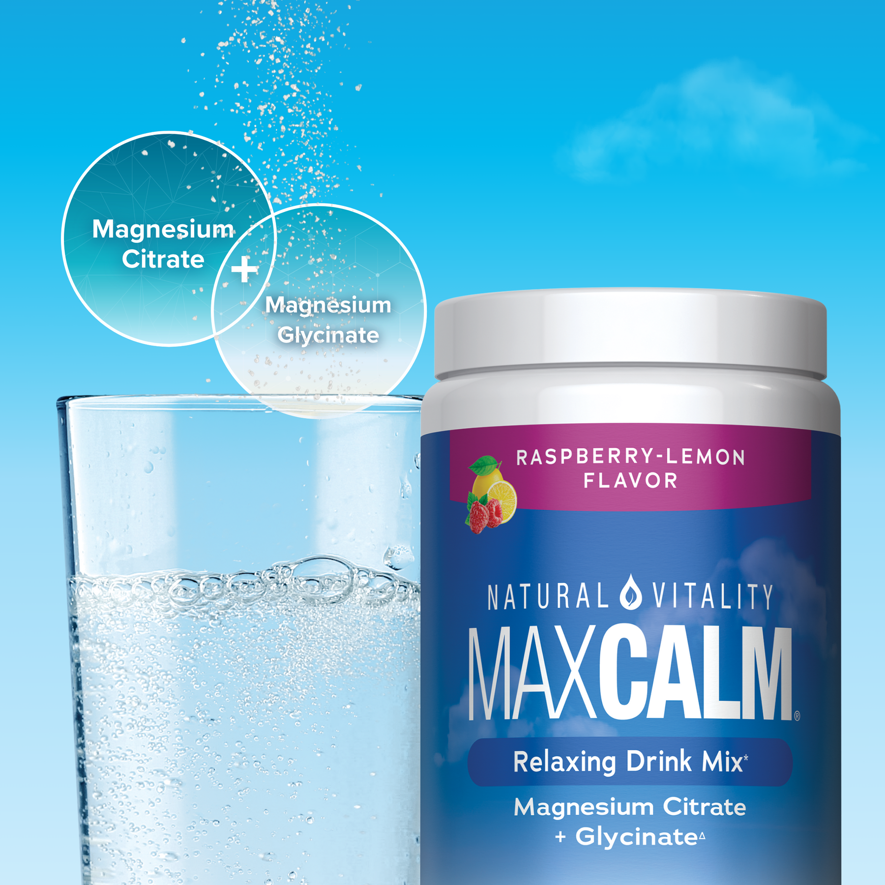 MaxCalm drink mix container with a glass of water on a blue background