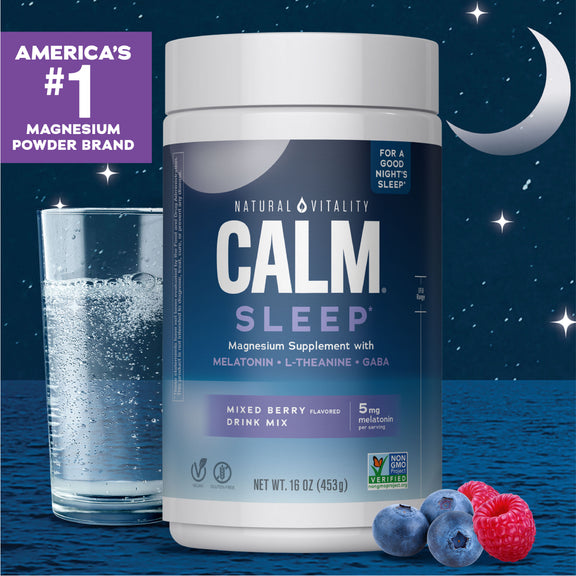 View 2 NV Calm Sleep Magnesium Supplement with Melatonin, L-Theanine, and GABA, Mixed Berry Flavor Drink Mix, 16 oz (453 g).