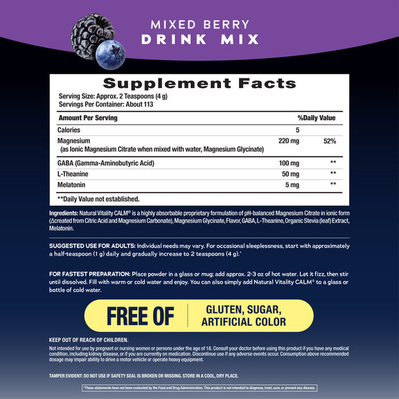 View 3 Mixed Berry Drink Mix label with Supplement Facts for Magnesium, GABA, L-Theanine, Melatonin. Free of Gluten, Sugar, Artificial Color.