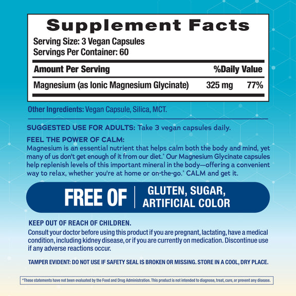 View 2 Supplement Facts panel for NV Magnesium Glycinate 325 mg, 180 Capsules, showing detailed nutritional information.