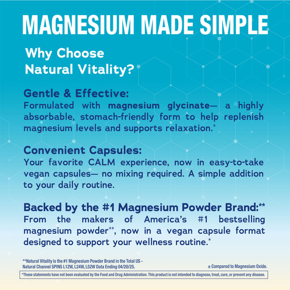 view 6 Product highlights graphic stating Supports relaxation, magnesium levels; Vegan capsules, no mix; From