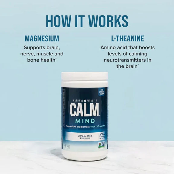 View 6 Natural Vitality Calm Mind Magnesium Supplement with L-Theanine in an unflavored drink mix, 12 oz (339 g) tub.