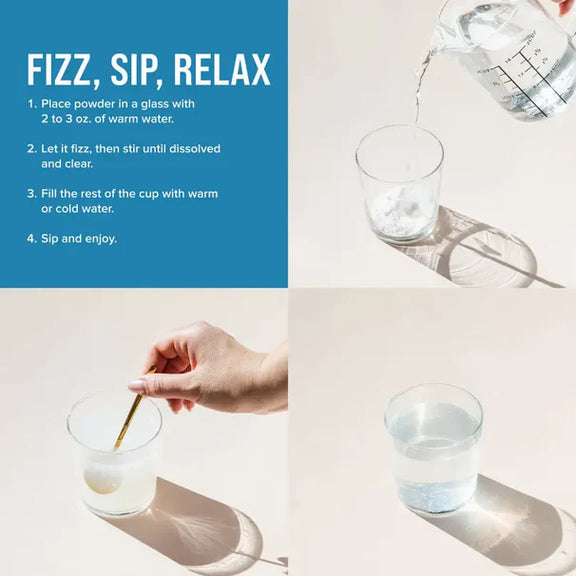 View 7 Graphic showing steps to prepare NV Calm Mind Mag + L-Theanine: 1. Place powder in warm water. 2. Let fizz, then stir. 3. Fill cup. 4. Sip and enjoy.