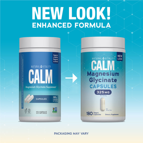View 3 New look with enhanced formula: Natural Vitality CALM Magnesium Glycinate Capsules, 325mg per serving, 180 vegan capsules.