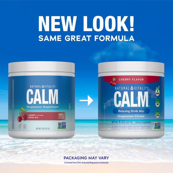 View 3 Natural Vitality Calm Cherry Flavored Magnesium Supplement 8 oz (227 g) drink mix in both old and new packaging.