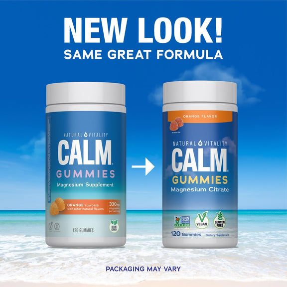 View 3 Natural Vitality Calm Orange Magnesium Gummies, 120 count, new packaging design next to old packaging.