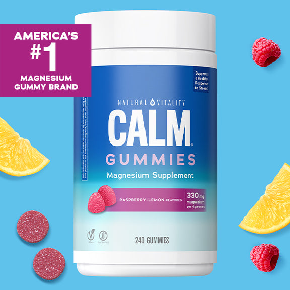 View 3 Natural Vitality Calm Gummies provide a Raspberry-Lemon flavor magnesium supplement with 240 gummies.