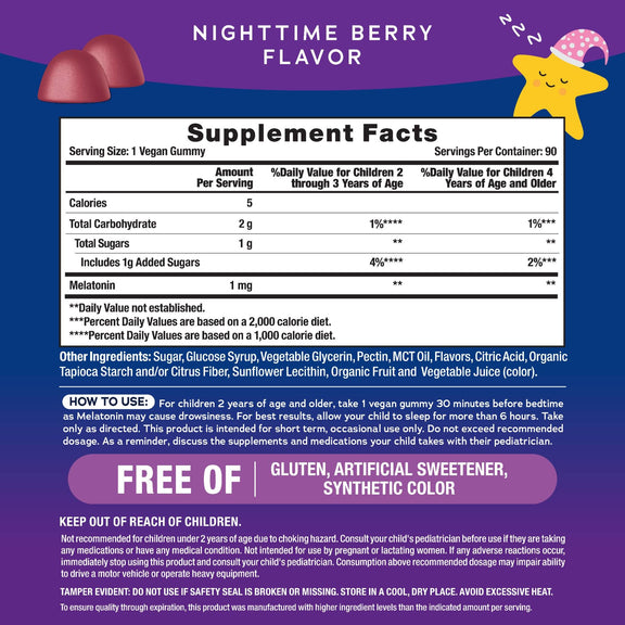 View 2 Supplement Facts panel for NV Melatonin Kids 1 mg Gummies, 90 count.