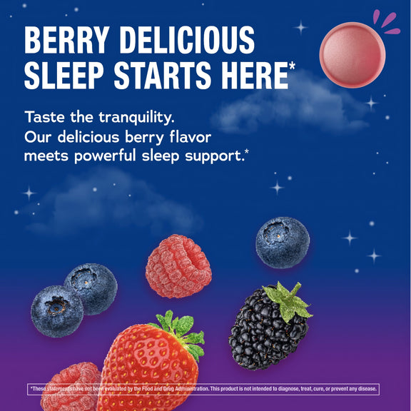 View 4 Product highlights graphic stating 'BERRY DELICIOUS SLEEP STARTS HERE' and 'delicious berry flavor meets powerful sleep support.'