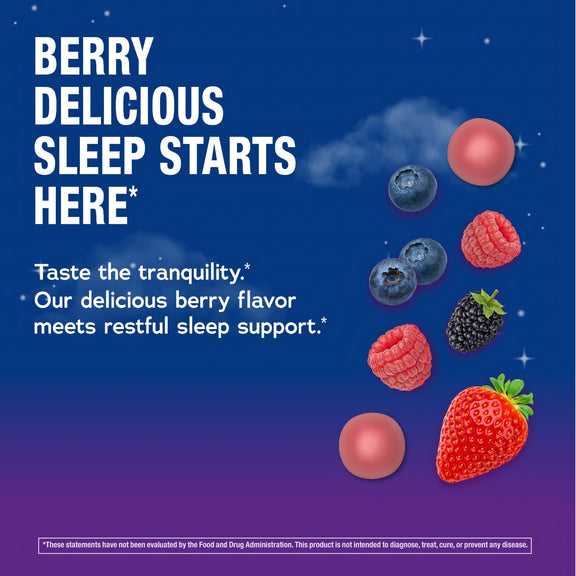 View 4 Product highlights graphic stating: Taste the tranquility*. Our delicious berry flavor meets restful sleep support*.