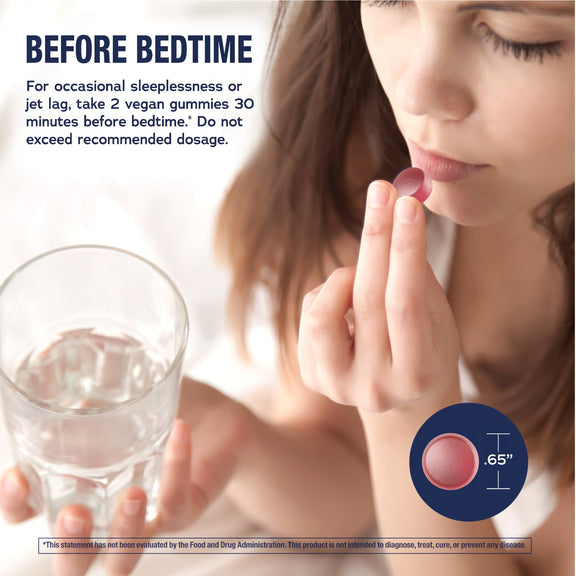 View 3 A young woman taking an NV Melatonin Gummy with water, with text 'BEFORE BEDTIME' visible in the background.