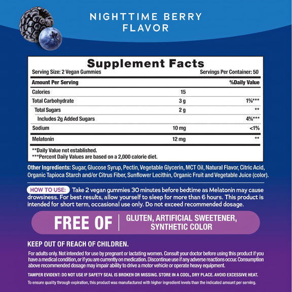 View 2 Supplement Facts label for Melatonin Gummies, 12 mg, 100 count.