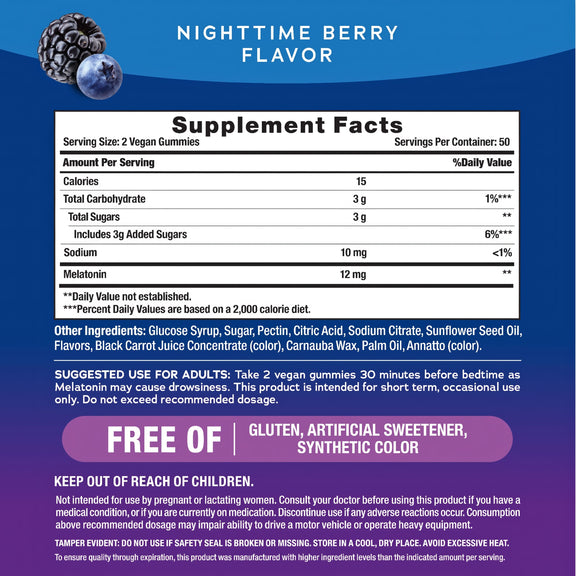 View 2 NV Melatonin Gummies 12 mg 100CT Supplement Facts panel is shown.