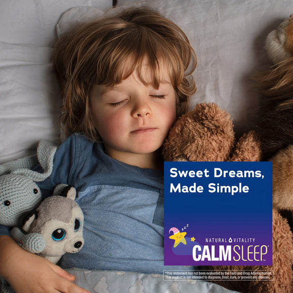 View 5 A young child sleeps peacefully in bed with stuffed animals, next to a graphic for Natural Vitality Calm Sleep.