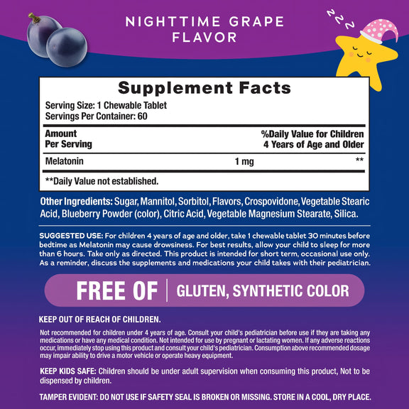 View 3 Supplement Facts panel for Melatonin 1 mg, chewable tablets for kids, containing 60 tablets.