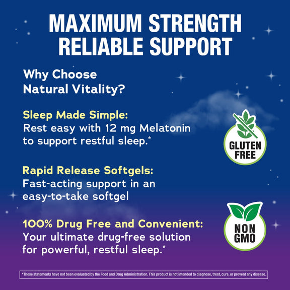 View 5 Product highlights graphic stating: 12 mg Melatonin for sleep, Rapid Release Softgels, 100% Drug Free, Gluten Free, Non GMO.