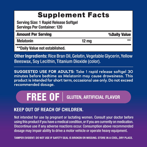 View 2 Image of Supplement Facts for NV Melatonin 12 mg Softgels, 120 count.