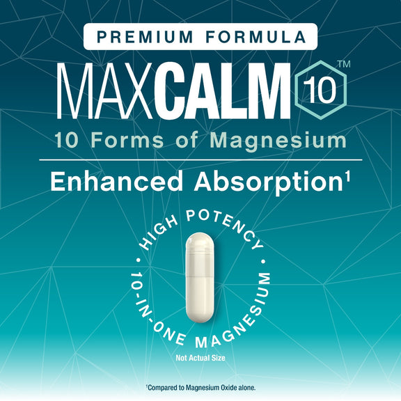 View 3 Product highlights graphic stating MaxCalm 10: Premium, High Potency, 10 Forms of Magnesium, Enhanced Absorption¹.