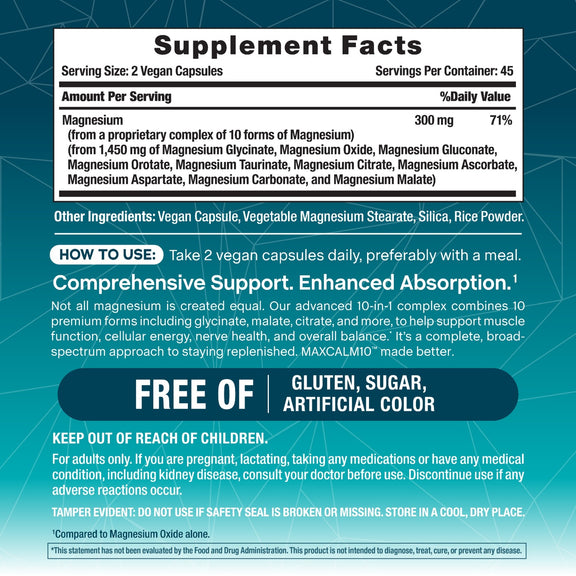View 2 Supplement Facts panel for MaxCalm 10-in-1 Magnesium, 90 capsules.
