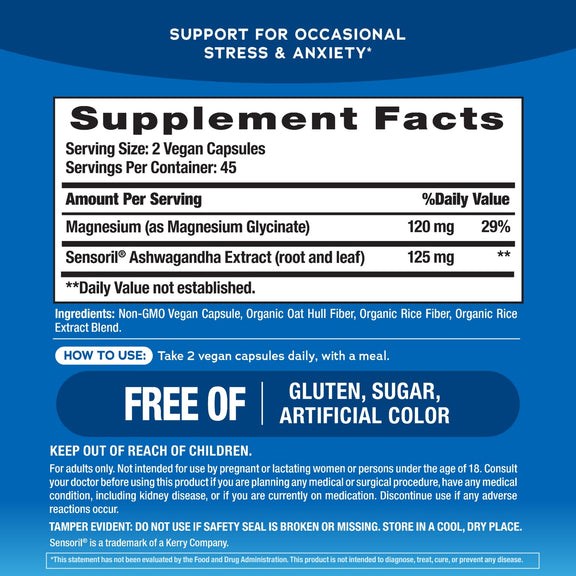 View 2 Supplement Facts panel for NV Calm Ashwagandha with Sensoril, 90 capsules, showing detailed ingredients and nutritional info.