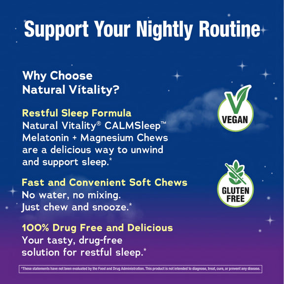 View 6 Product highlights graphic stating Melatonin + Magnesium Chews for sleep, Fast Soft Chews, no water/mix, Drug Free, Delicious, Vegan.