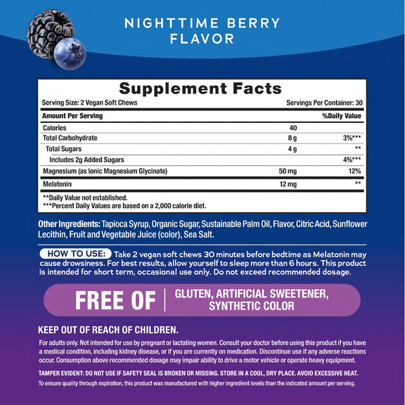 View 2 Supplement Facts panel for Melatonin + Magnesium, 60 soft chews, detailed on the packaging.