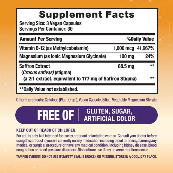 View 2 Supplement Facts panel for CalmMood Saffron Magnesium Glycinate, 90 capsules.
