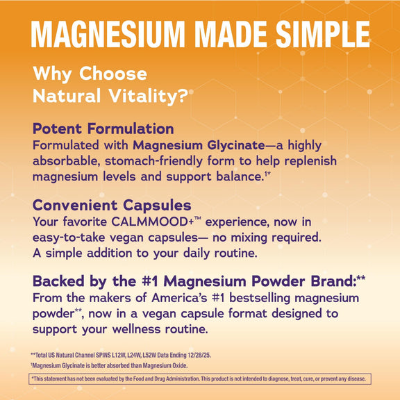 view 6 NV CalmMood Saffron Mag Glycinate 90 Capsules. Features absorbable, stomach-friendly Magnesium Glycinate, vegan,