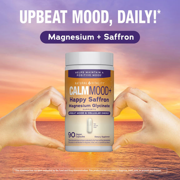 View 3 CalmMood+ Happy Saffron Magnesium Glycinate, 90 vegan capsules, supports mood and cellular energy.