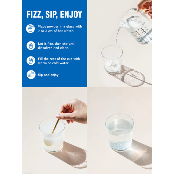 View 4 Graphic with steps to prepare NV Calm Original Unflavored powder: Fizz, Sip, Enjoy. Add powder to hot water, stir, fill with water, drink.