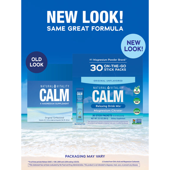 View 3 Two NV Calm Original Unflavored packages showing 30 stick packs; older 3.6 oz and newer 3.5 oz versions.