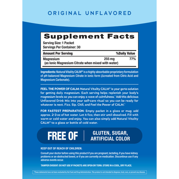 View 2 Supplement Facts panel for NV Calm Original Unflavored, featuring details for 30 stick packs.
