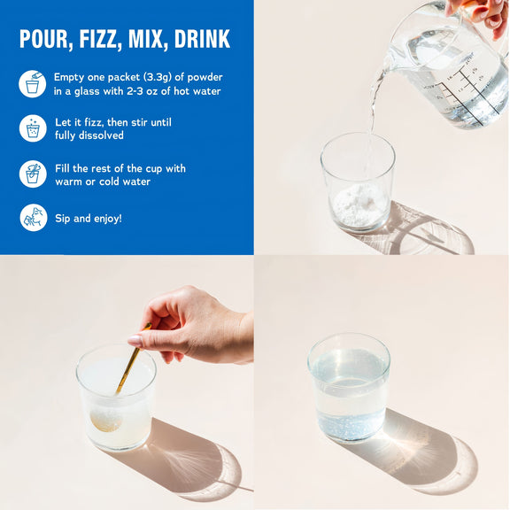 View 3 Product highlights graphic stating Empty 3.3g powder in 2-3 oz hot water, let fizz, stir until dissolved, fill with warm or cold water.