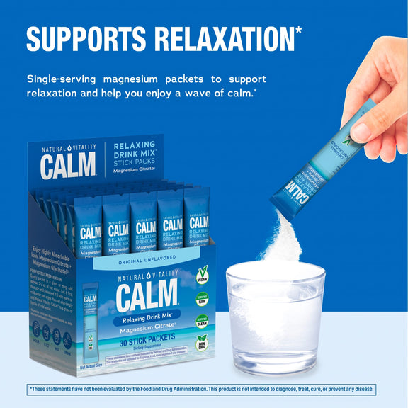 View 4 NV Calm Original Unflavored Magnesium Citrate Drink Mix in a glass. 30 stick packs included for relaxation.