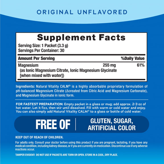 View 2 Supplement Facts panel for NV Calm Original Unflavored, 30 stick packs included.