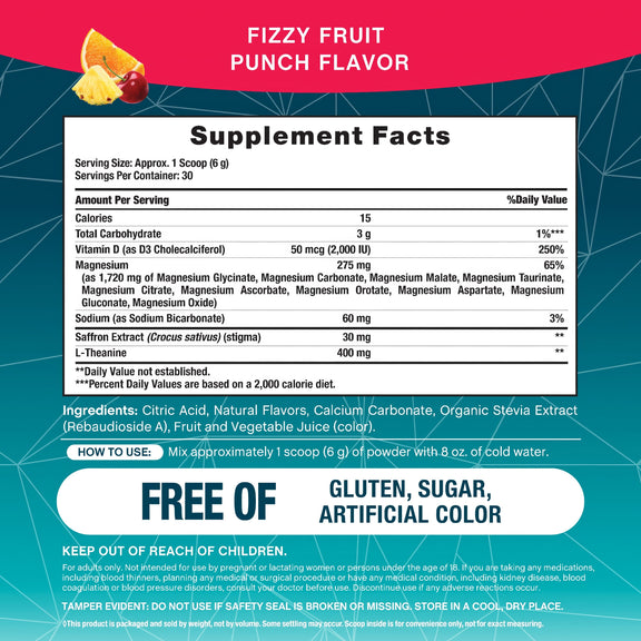 View 2 Supplement Facts for MaxCalm Mag 10 with Saffron 180 g Powder, detailing ingredients and nutritional information on the label.
