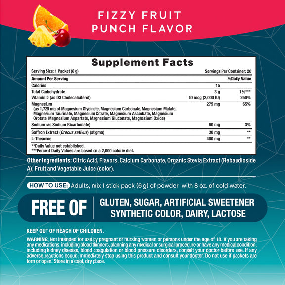 View 2 MAXCALM 10-in-1 Magnesium + Happy Saffron Fizzy Fruit Punch, 20 Stick Packs