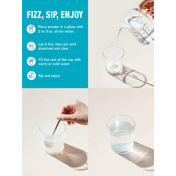 View 4 NV Calm Plus Calcium Unflavored powder preparation: FIZZ, SIP, ENJOY. Graphic & photos show adding powder to hot water, stirring, and final drink.