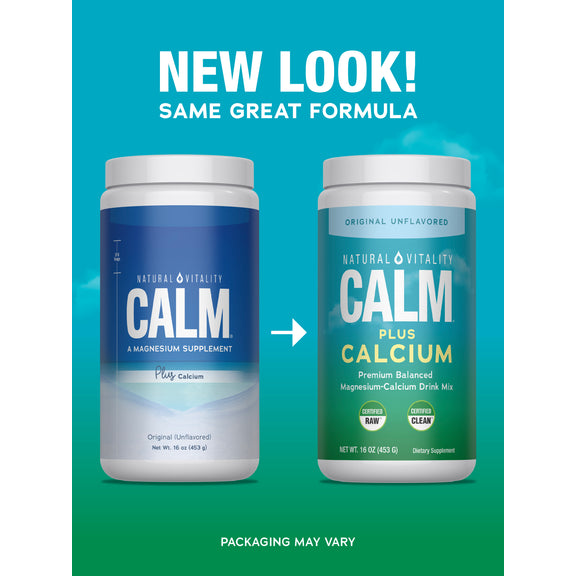 View 3 Natural Vitality Calm Plus Calcium Unflavored, 16 oz (453 g) jars, showing updated packaging with 'New Look, Same Great Formula'.