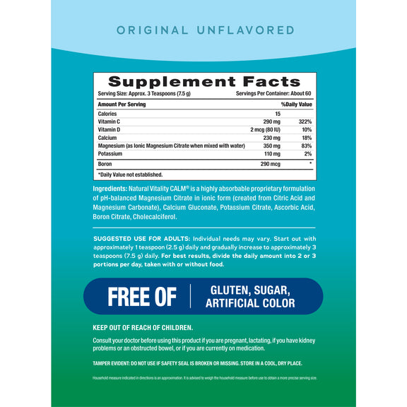 View 2 The Supplement Facts panel for NV Calm Plus Calcium Unflavored, 16 oz (453 g) package.