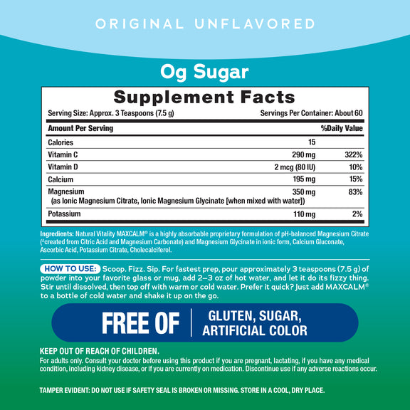 View 3 Supplement Facts for NV Calm Plus Calcium Unflavored, 16 oz bottle.