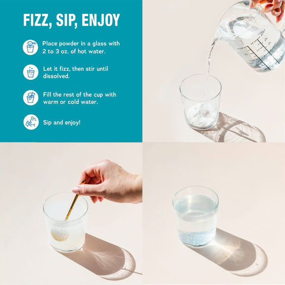 View 4 NV Calm Plus Calcium Rasp Lemon powder shown being mixed in a glass with water, from powder to a bubbly, ready-to-drink beverage.