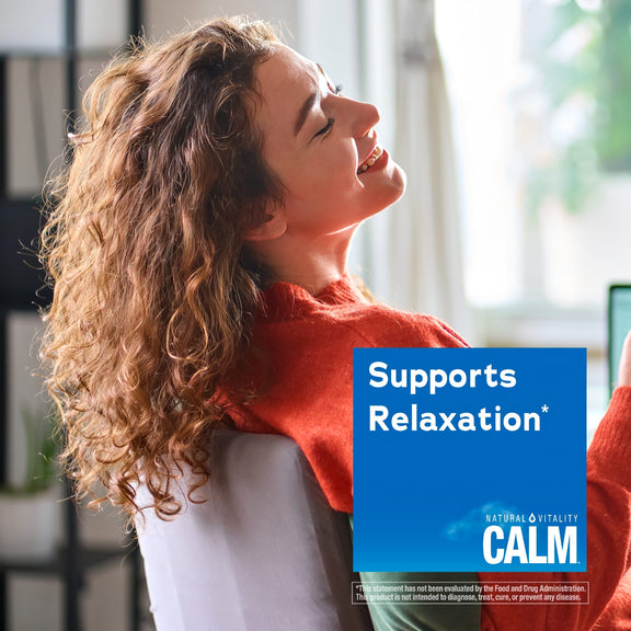 View 4 Young woman relaxing in a chair with Natural Vitality Calm graphic stating 'Supports Relaxation*'.