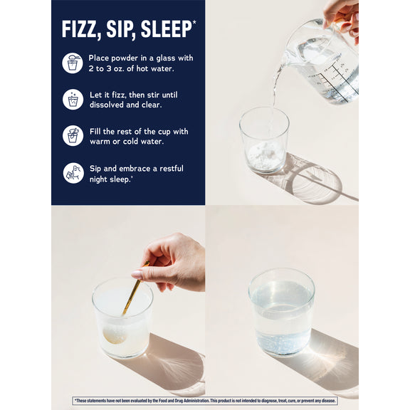 View 4 Graphic showing powder for NV Calm Sleep being mixed: pour hot water onto powder, stir until dissolved, then add more water for drinking.