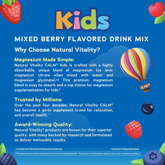 View 5 Kids Calm Powder Drink Mix graphic: Magnesium made simple, trusted by millions with award-winning quality.