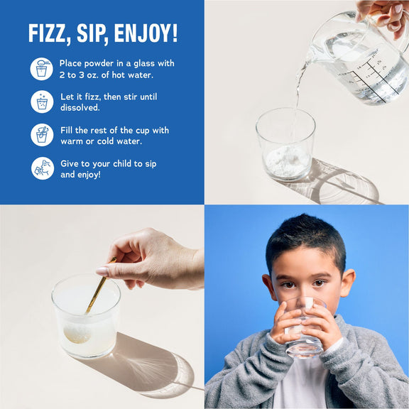 View 3 Young boy drinks NV Kids Calm Berry Powder from a glass. Instructions to 'FIZZ, SIP, ENJOY!' with water are provided.
