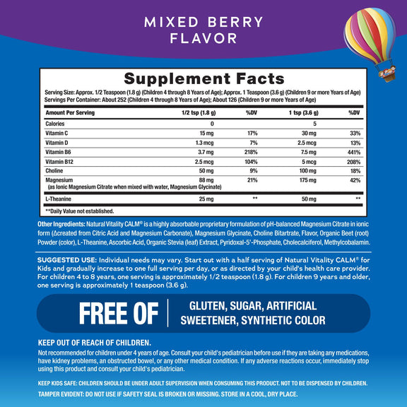View 2 Supplement Facts panel for NV Kids Calm Berry 16 oz Powder.
