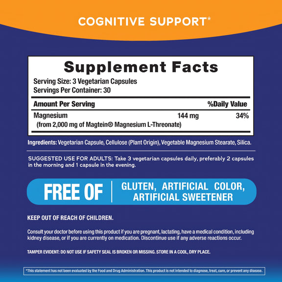 View 2 Supplement Facts panel for Magnesium L-Threonate 90 capsule bottle.