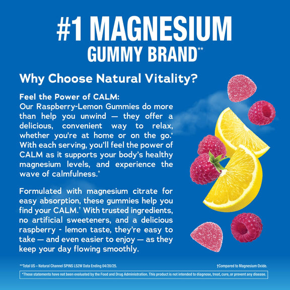 View 6 Graphic for NV Calm Rasp Lemon 240 Gummies: Top magnesium gummy brand with raspberries, lemon slices, and gummies.