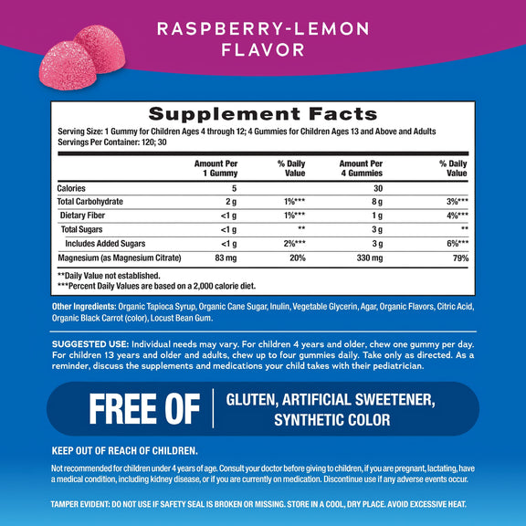 View 2 Supplement Facts panel for NV Calm Raspberry Lemon flavored 120 Gummies.